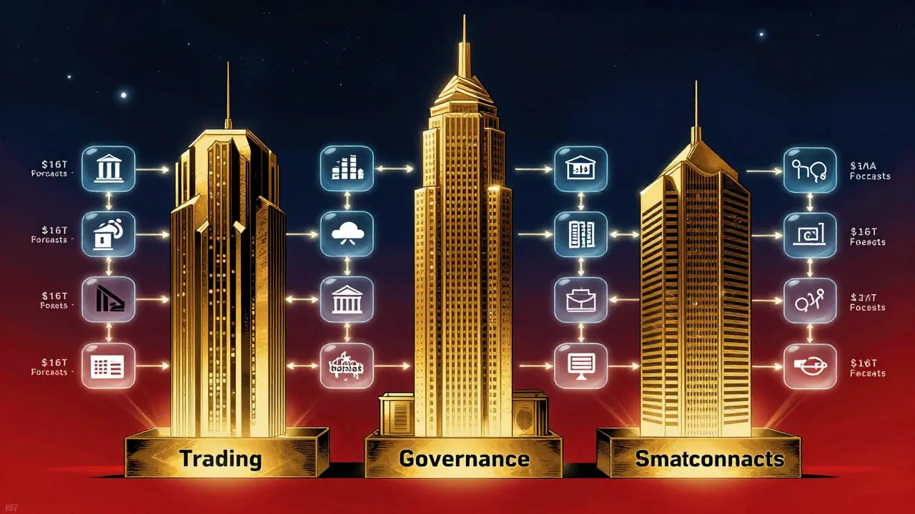 Avalanche: три небоскрёба с изолированными блокчейн-капсулами для банков и компаний, подсвеченные в тёмном городе будущего.