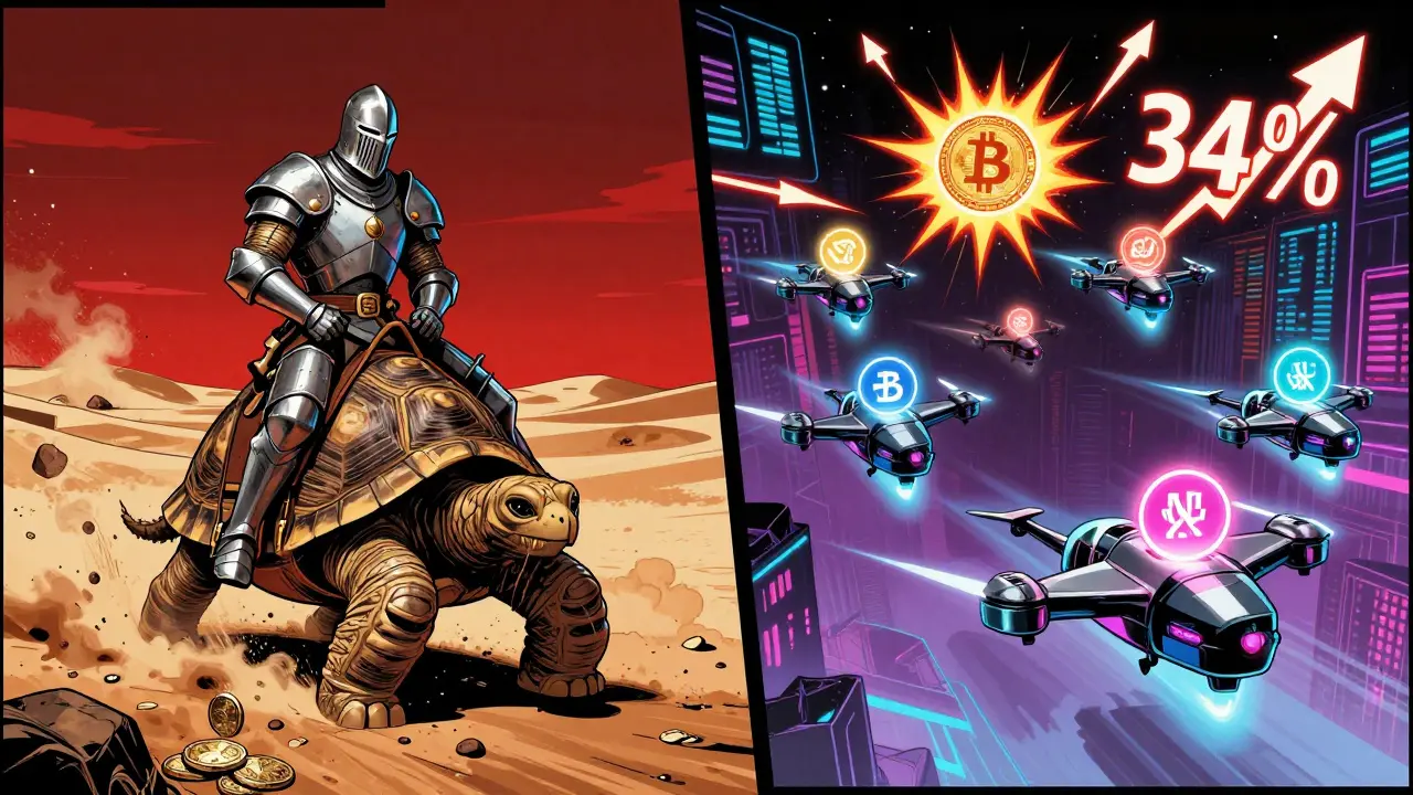 Биткоин на черепахе против быстрых альткоин-дронов в неоновом шторме.