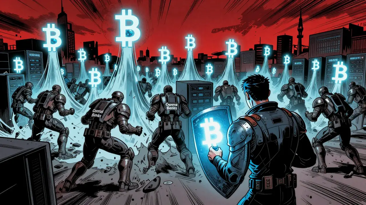 Биткоины наводняют мир, разгромив банки, один пользователь держит кошелёк как щит в тёмном городе.