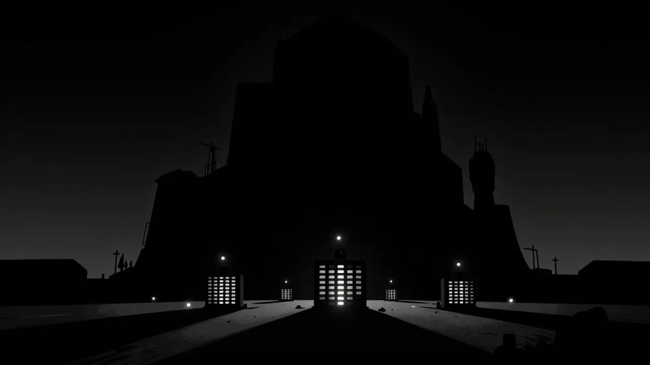 Большая тень нависает над маленькими огнями узлов сети в контрастном рисунке.