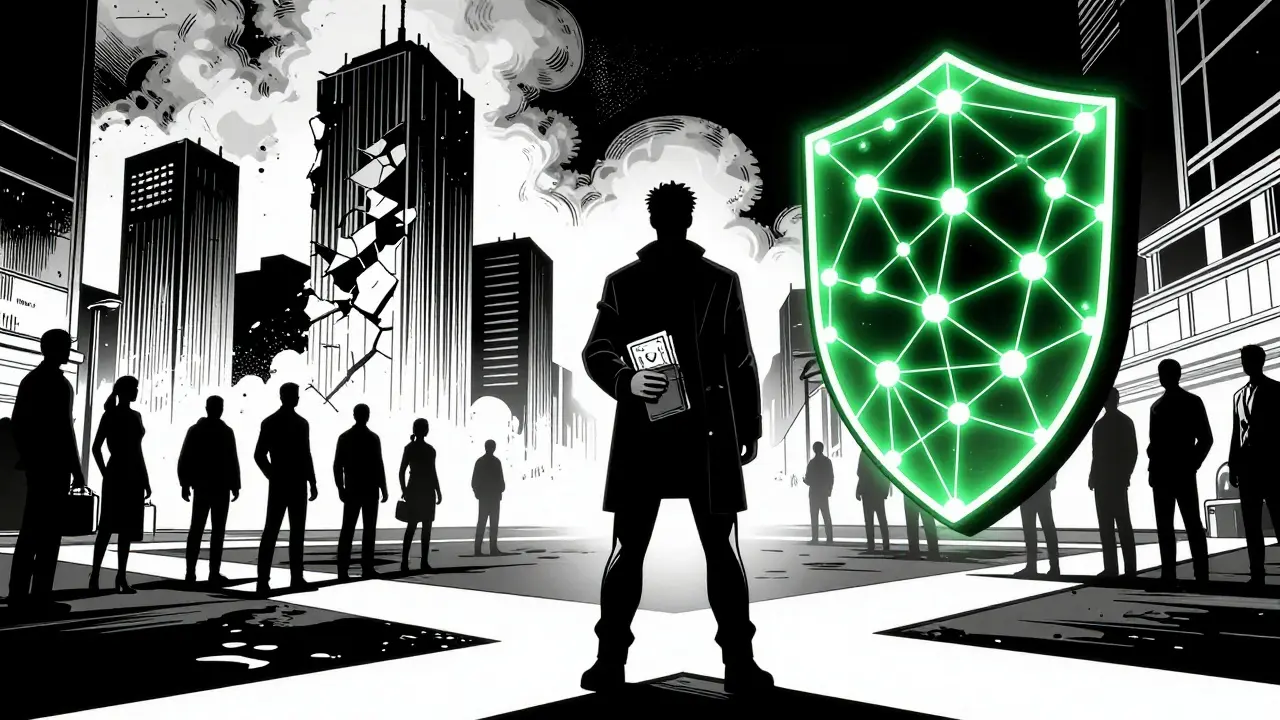 Человек с бумажным кошельком на фоне сетевой схемы