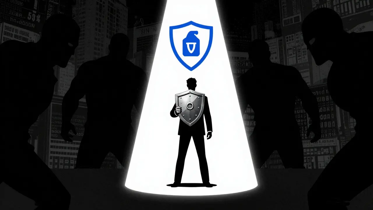 Человек с защитным устройством в свете прожектора, окружен тенями.