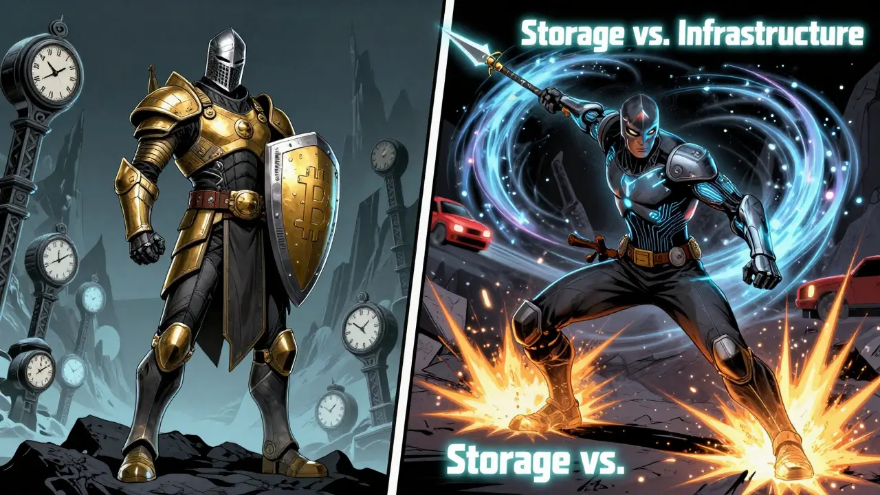 Дуэт: статичный рыцарь Bitcoin на горе и динамичный воин Ethereum с потоками Layer-2, символизирующие хранение ценности против цифровой инфраструктуры.