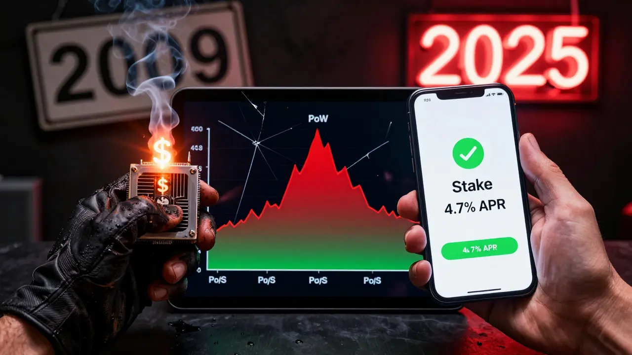 Две руки: одна держит дымящийся майнер, другая — смартфон со стейкингом, на фоне графика, показывающего падение энергопотребления.