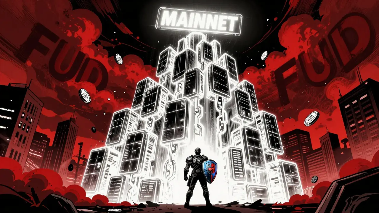 Гигантский блокчейн в виде цепи, защитник с аппаратным кошельком против бури FUD и падающих монет.