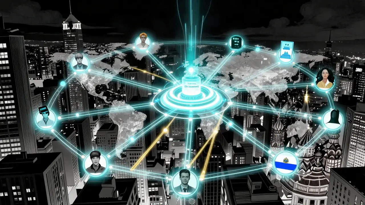 Глобальная сеть Lightning Network, соединяющая пользователей из разных стран светящимися каналами платежей, в стиле Sin City.