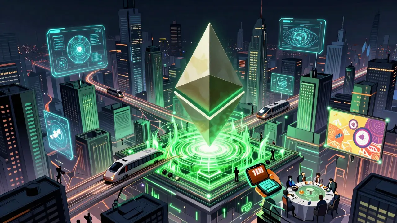 Город Ethereum с плавающими блокчейн-узлами, Layer-2 маршрутами и hologрафическими DeFi-приложениями, освещённый зелёным светом инноваций.