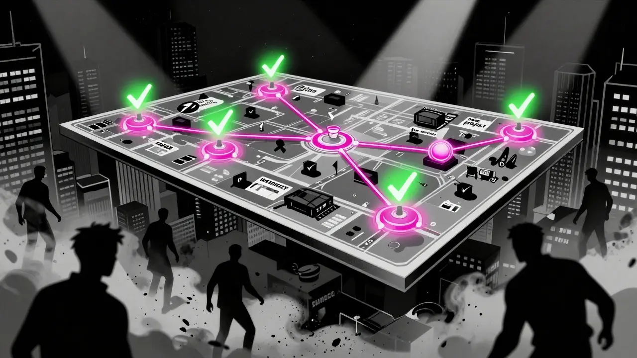 Интерактивная дорожная карта автоматически разблокирует токены, а фейковые проекты разрушаются под ней.