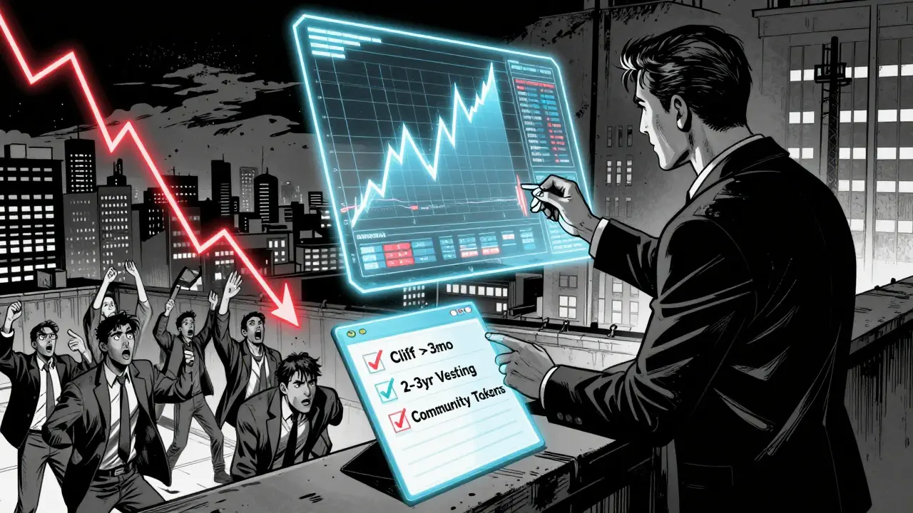 Инвестор анализирует график разблокировки токенов на крыше, ниже — паника и падение цены, в воздухе — чек-лист.