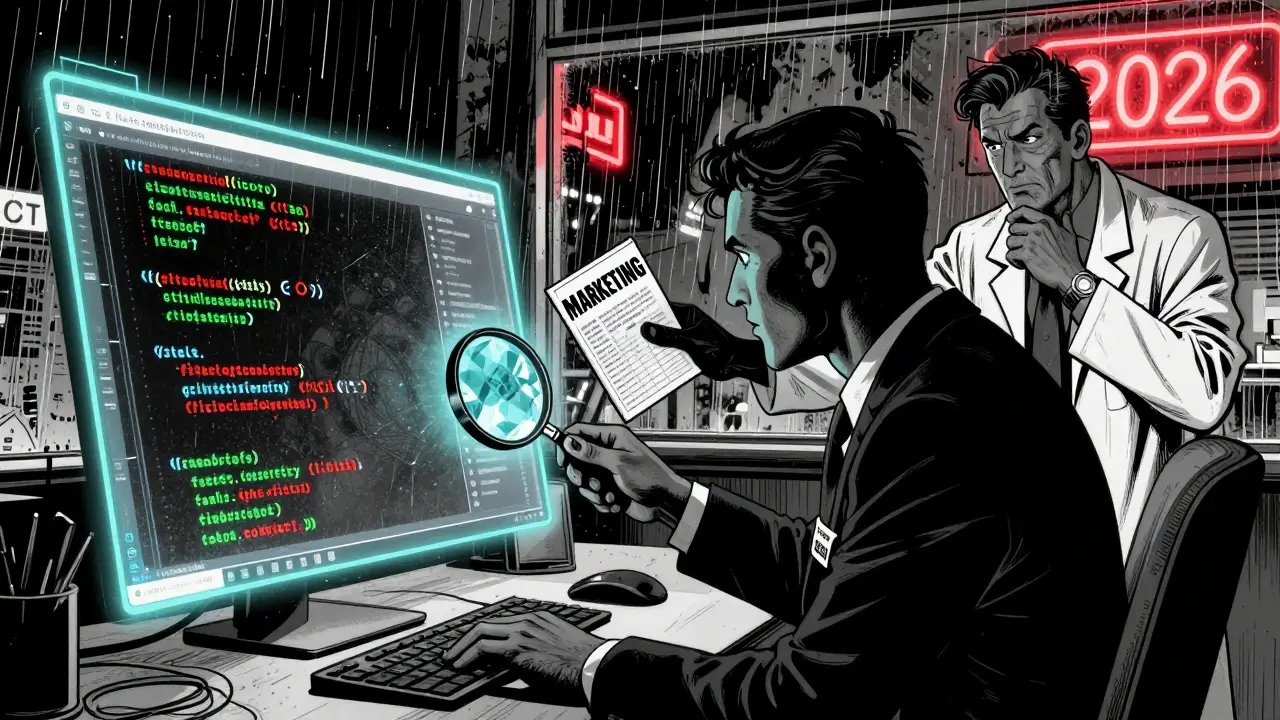 Инвестор проверяет код на GitHub, в то время как теневой маркетолог пытается навязать ему рекламный буклет.