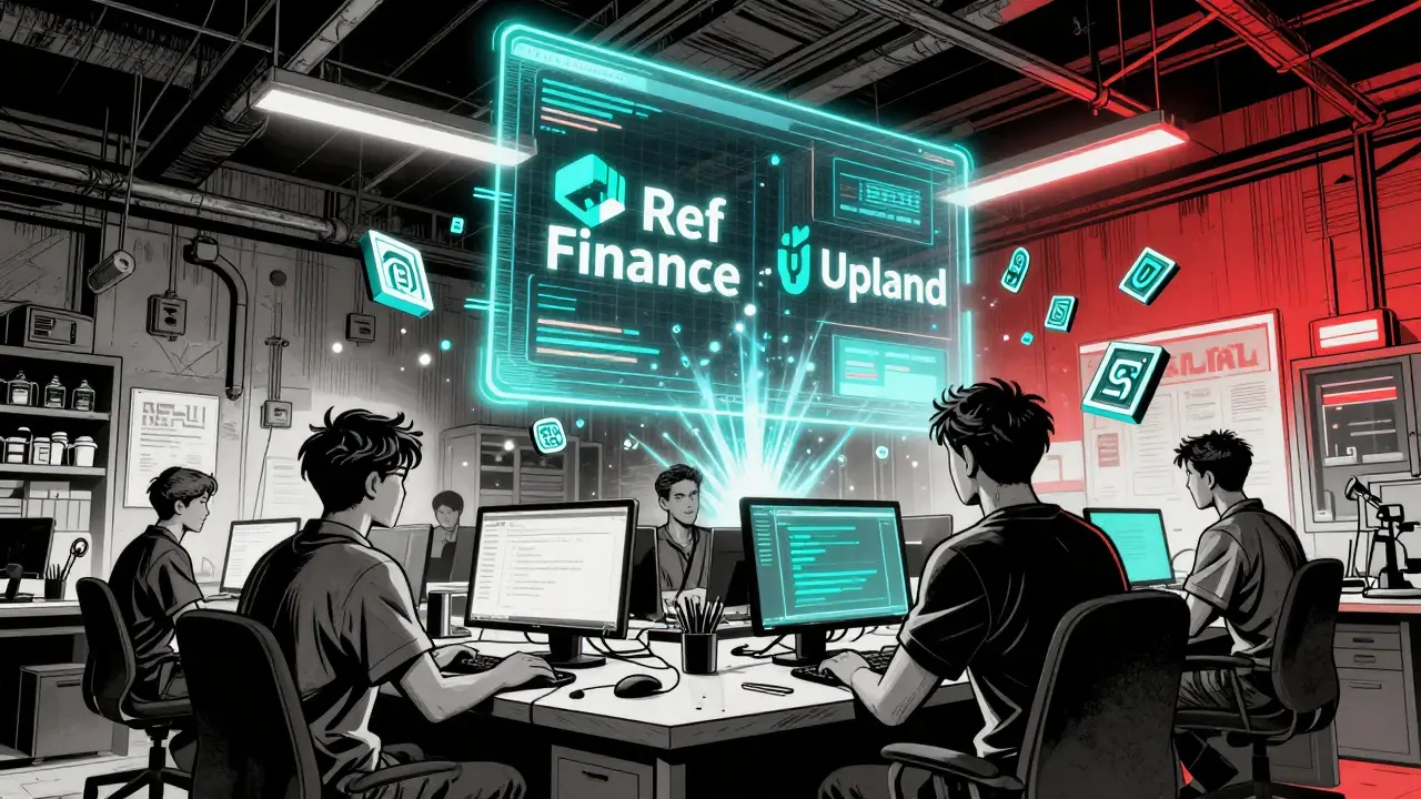 Команда разработчиков запускает смарт-контракт на Near, вокруг них вспыхивают логотипы Ref Finance и Upland.