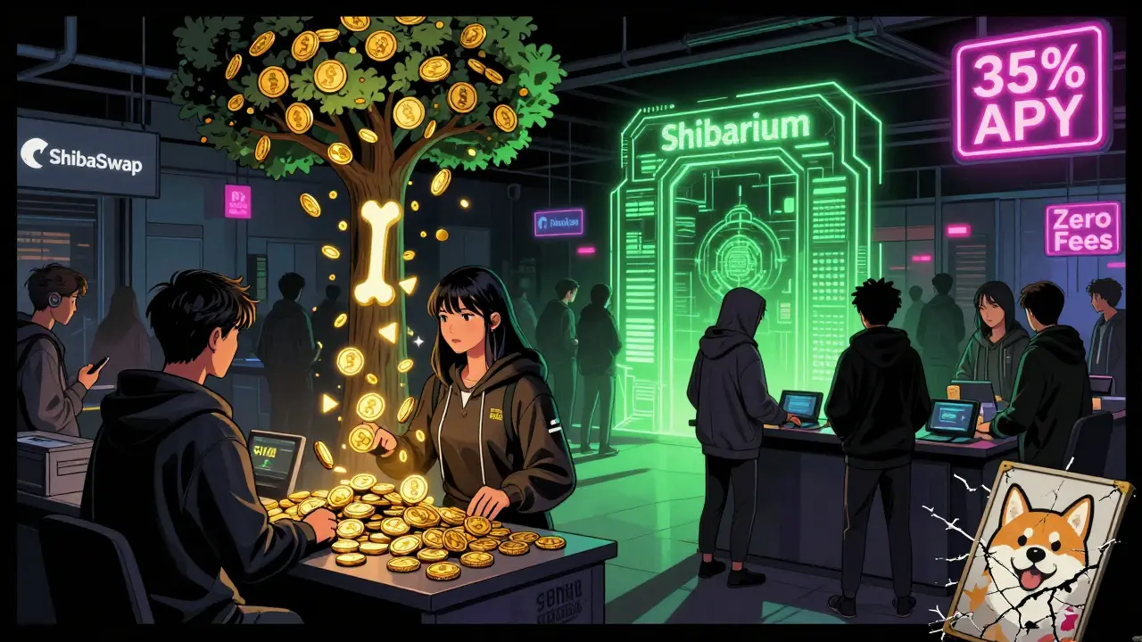 Люди торгуют токенами SHIB на цифровом рынке, за ними — ворота Shibarium с зелёными шифрованными потоками.