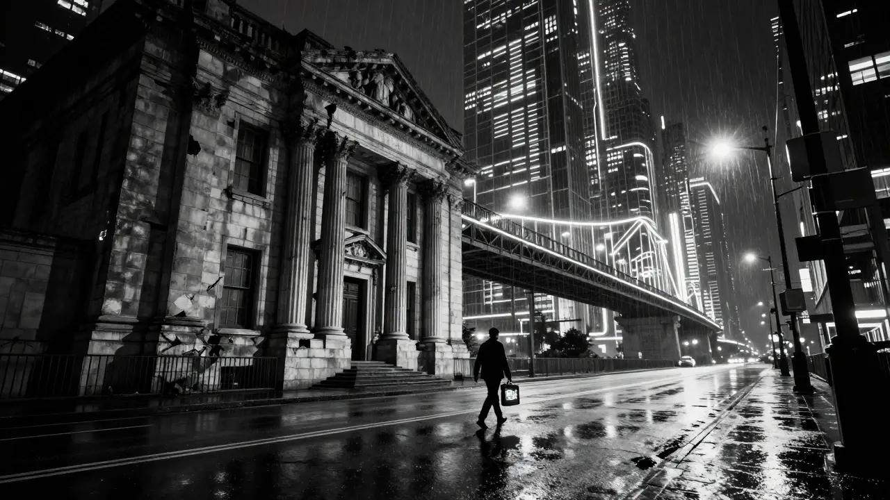 Мост между классическим банком и криптородом в ночи