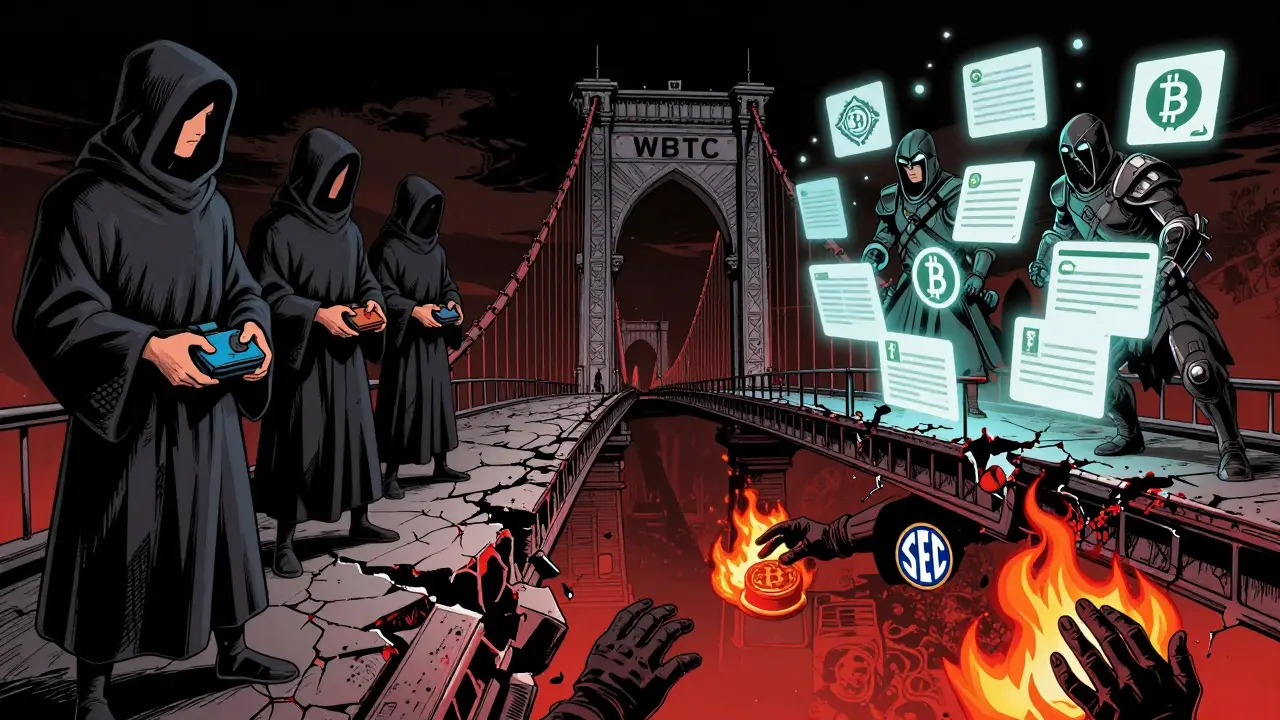 Мост WBTC рушится между миром Bitcoin и DeFi, обнажая скрытые риски в стиле киберпанк-ноар.