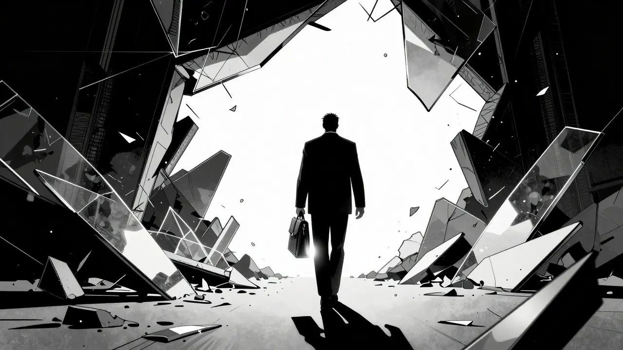 Мужчина идет прочь от руин с сумкой прибыли на яркий свет