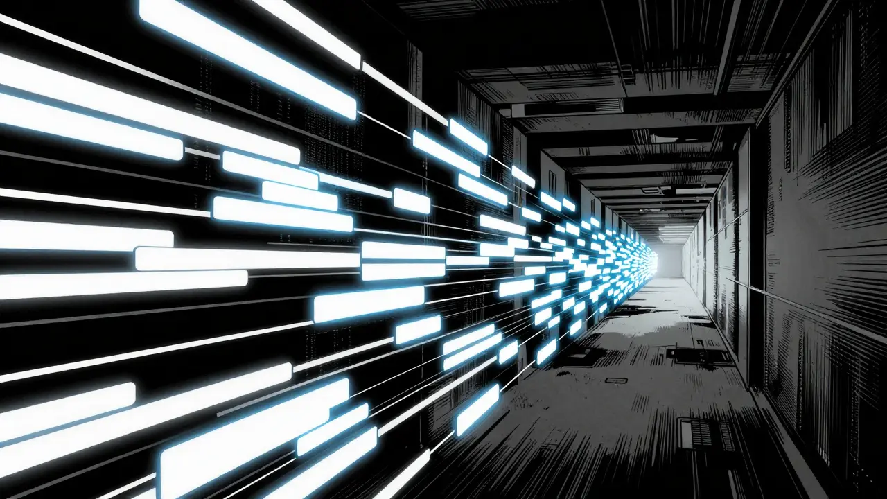 Параллельные потоки данных в стиле нуар с яркими акцентами.