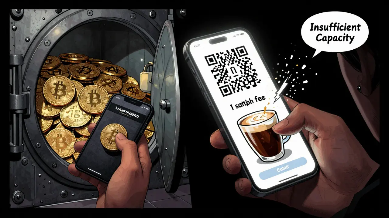 Пользователь открывает кошелёк Lightning: слева — заблокированные биткоины, справа — мгновенная покупка с комиссией в 1 сатоши.