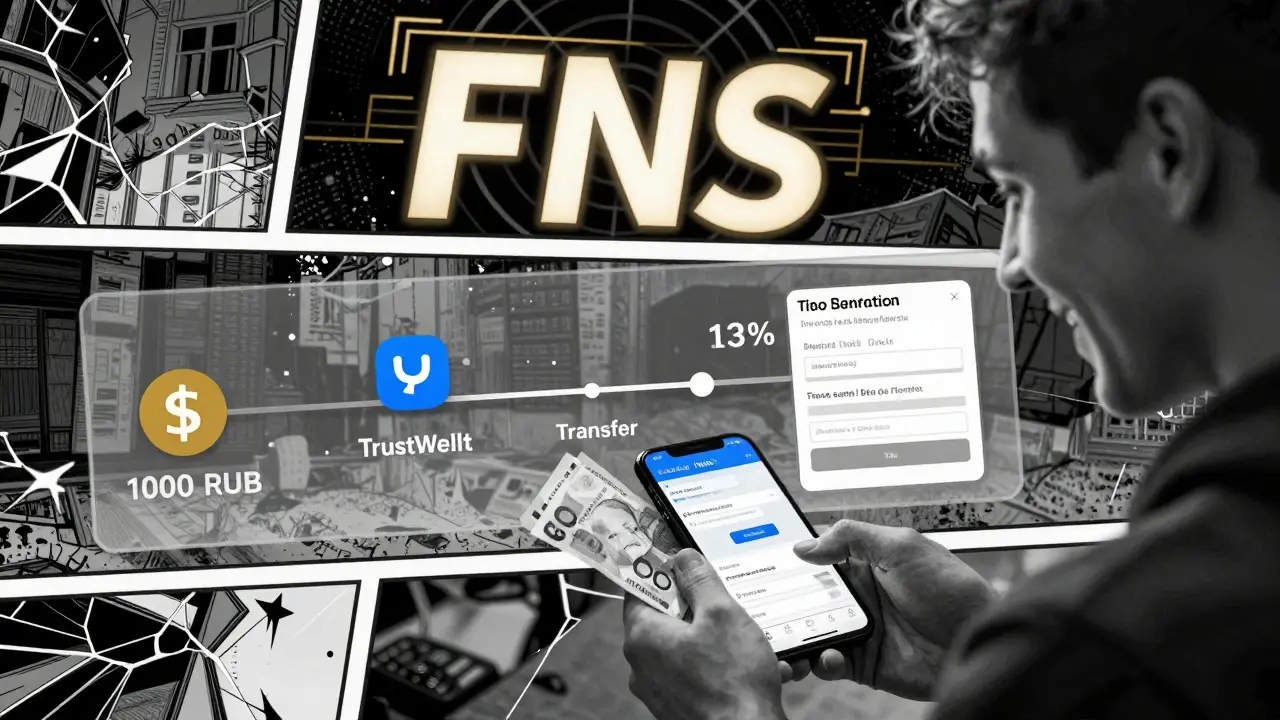 Пользователь отправляет криптовалюту другу, а налоговая служба отслеживает транзакцию, в стиле комикса Sin City.