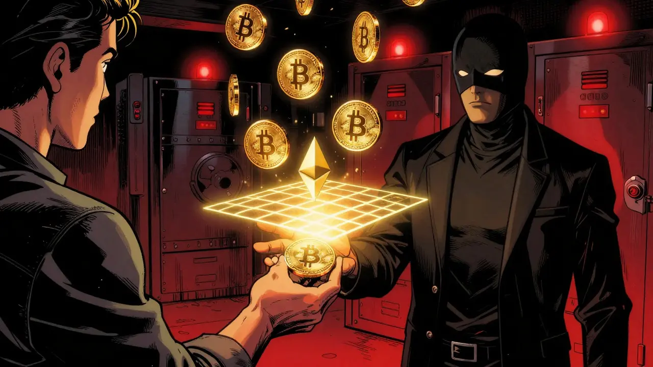 Пользователь передаёт Bitcoin фигуре BitGo, а взамен получает золотые WBTC-токены в неоновом свете.