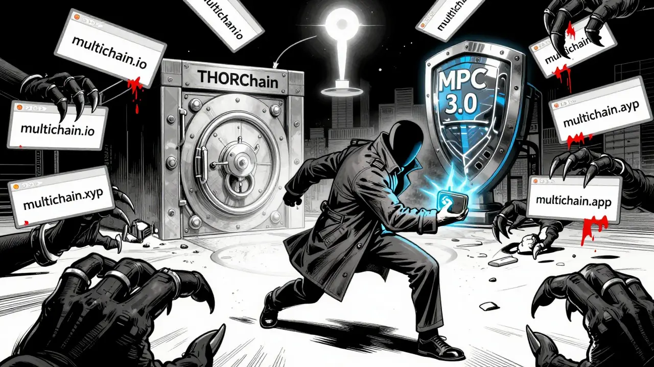 Пользователь уклоняется от фишинговых сайтов, в то время как надежный мост THORChain и защита MPC 3.0 светятся вдалеке.