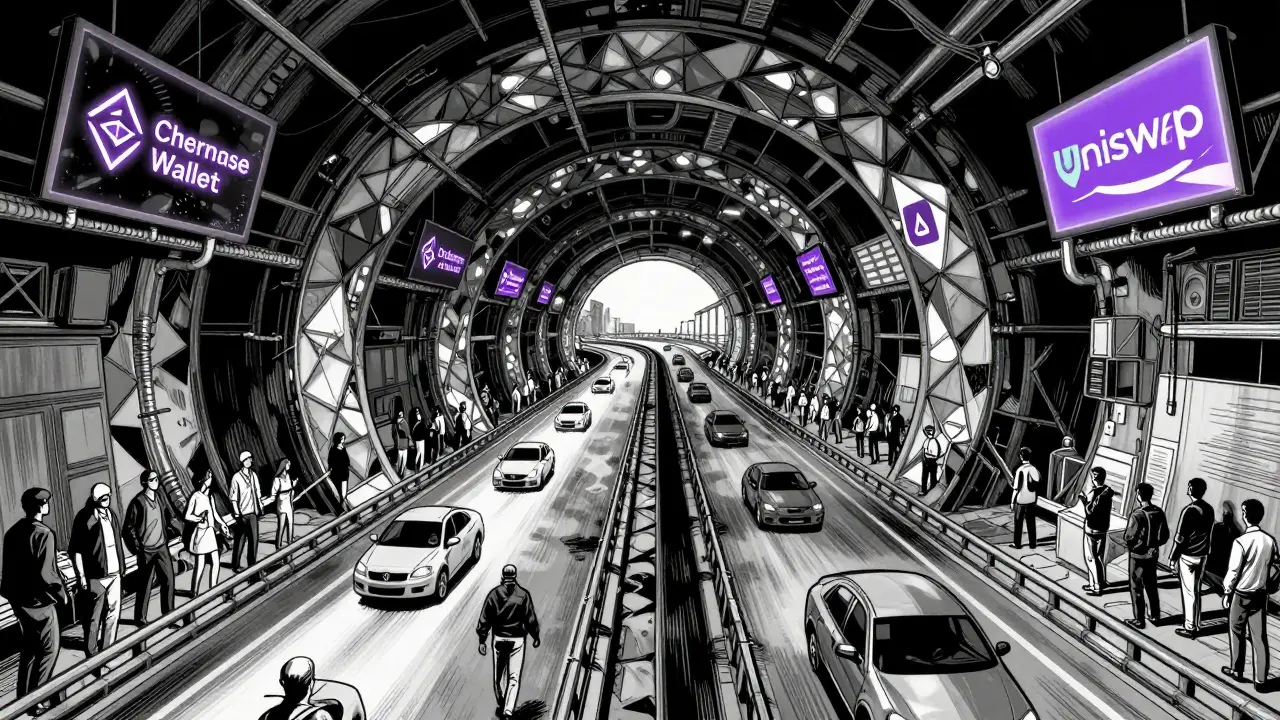 Polygon — подземный тоннель под загруженной автострадой Ethereum, через который текут миллионы транзакций с яркими логотипами приложений.