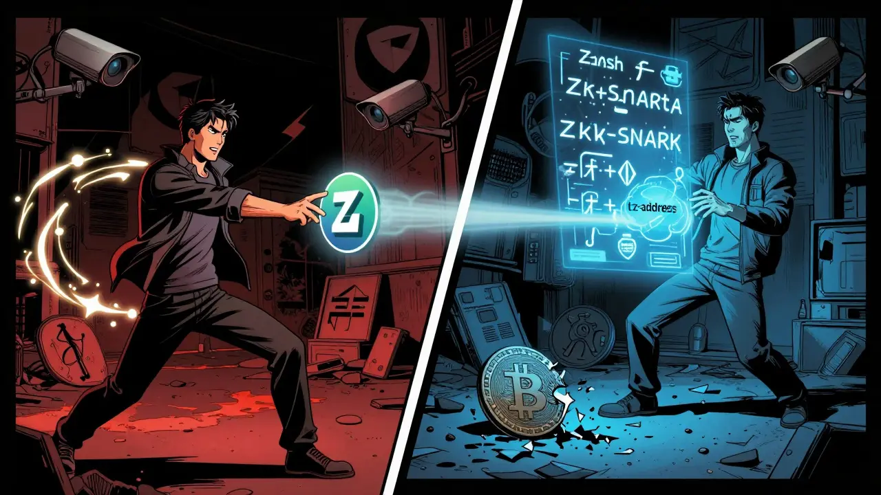 Разделённая сцена: прозрачные транзакции Zcash видны наблюдателям, а зашифрованные — скрыты от глаз.