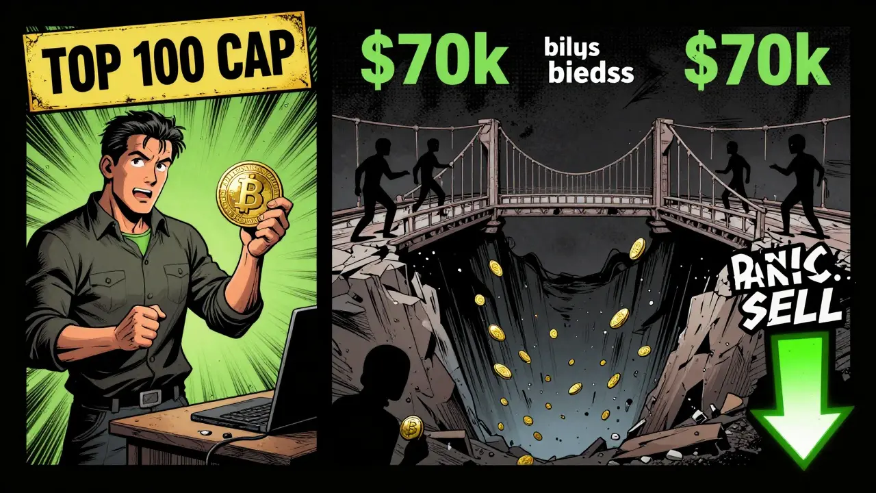 Разделённая сцена: слева — покупка монеты, справа — её ордеры рушатся в бездну, как обрушивающийся мост.