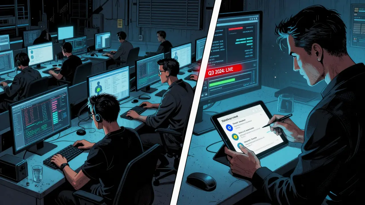 Разработчики работают за терминалами с метриками блокчейна, инвестор проверяет коммиты на планшете.