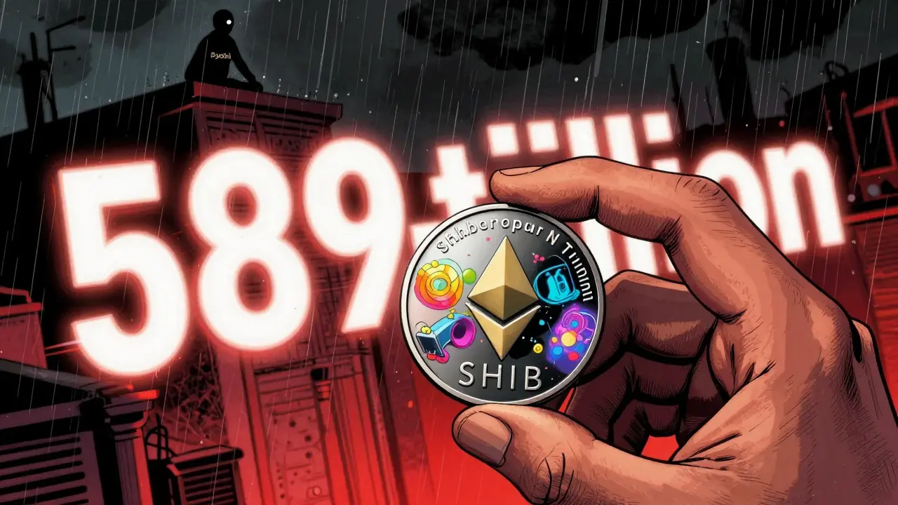 Рука держит один токен SHIB, на его поверхности отражаются приложения Ethereum и Shibarium, позади — безумно крутящийся счёт триллионов.