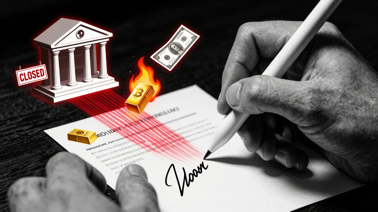 Рука подписывает транзакцию, которая превращается в двоичный код, вокруг — сгорающие доллары и золото.