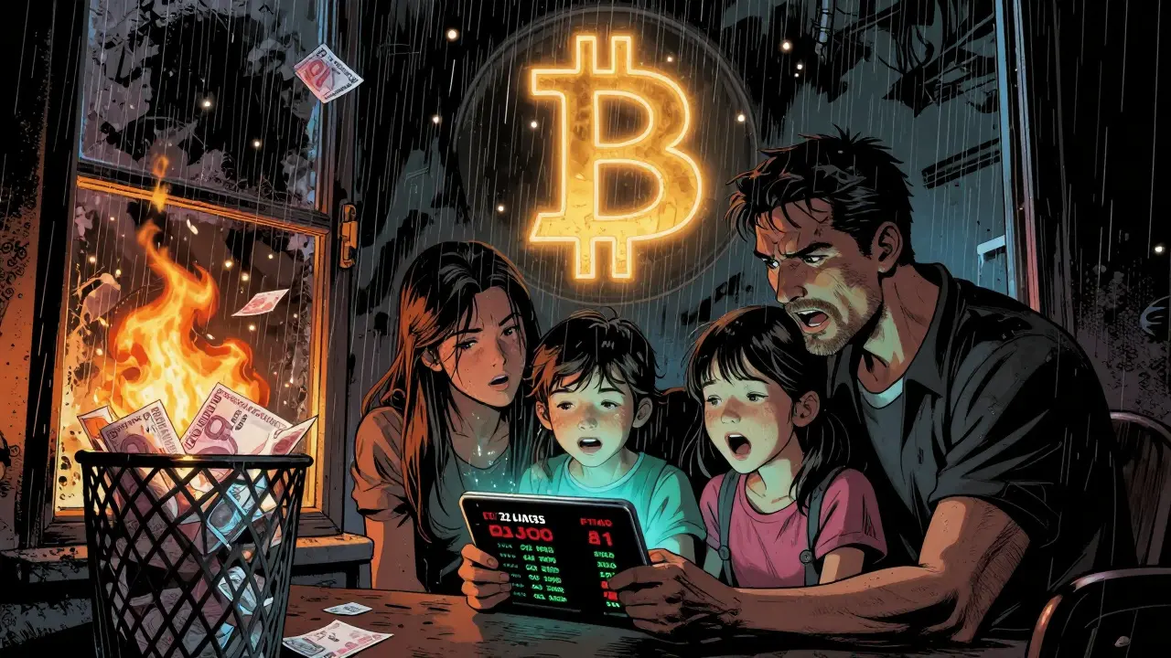 Семья смотрит на экран с ростом Bitcoin, за окном горят турецкие лиры, в небе — гигантский символ Bitcoin.