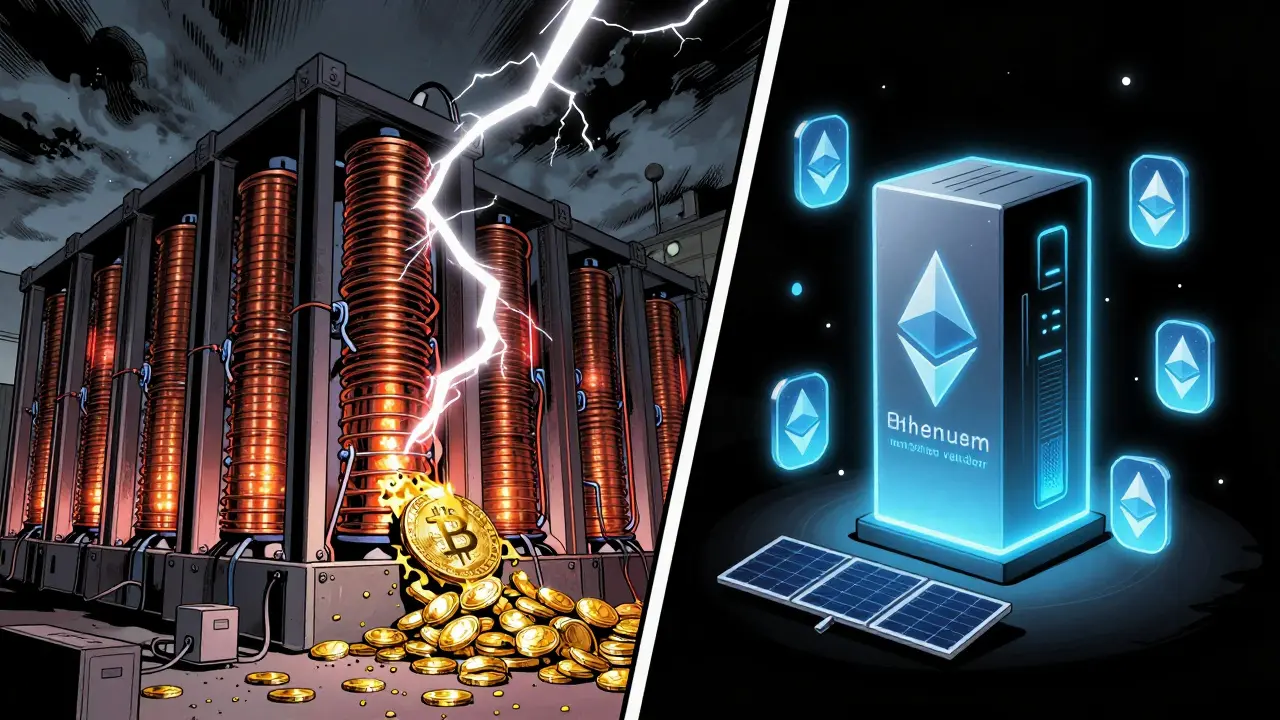 Слева — майнеры с энергозатратными установками, справа — чистый узел Эфириума с солнечной панелью.