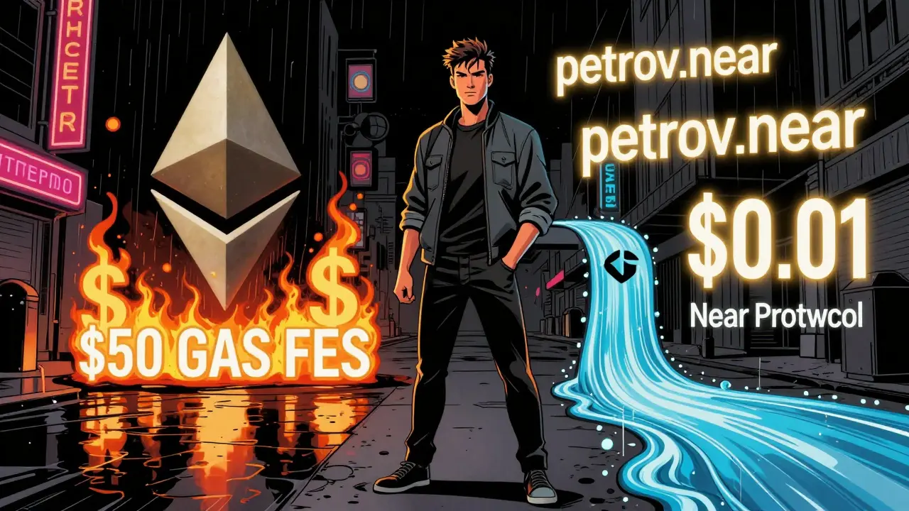 Сравнение Ethereum с высокими комиссиями и Near с низкими расходами и читаемыми именами в стиле нуара.