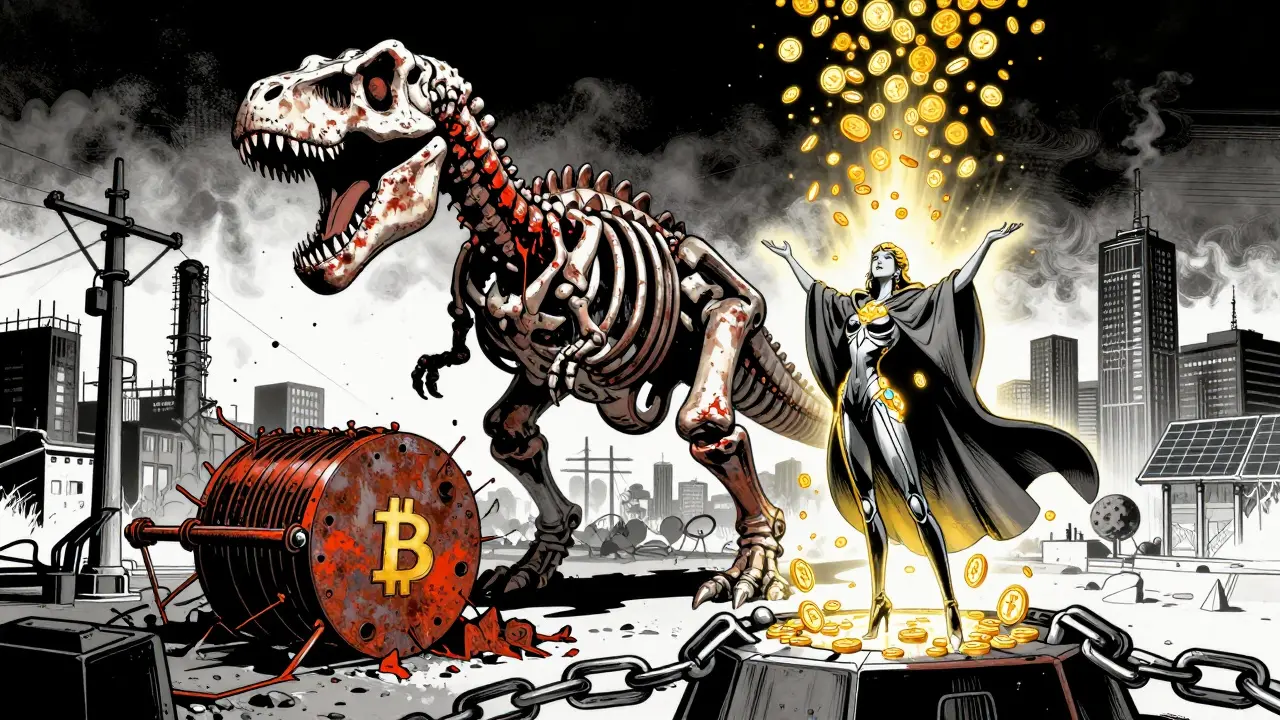 Сражение между старым майнером-динозавром и элегантным валидатором в плаще из ETH-монет, сражаясь за будущее блокчейна.