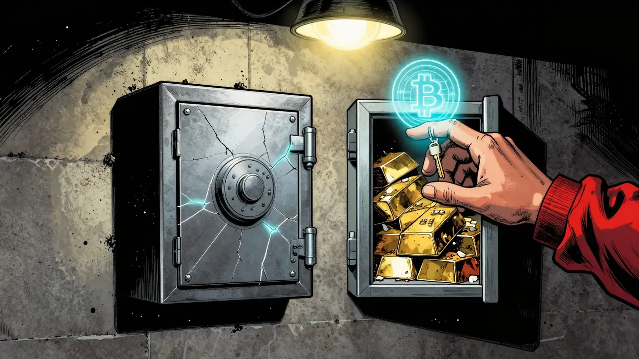 Стальной кошелёк с ключом Bitcoin на стене, рядом — разбитый сейф с золотом, цифровая рука тянется к ключу.