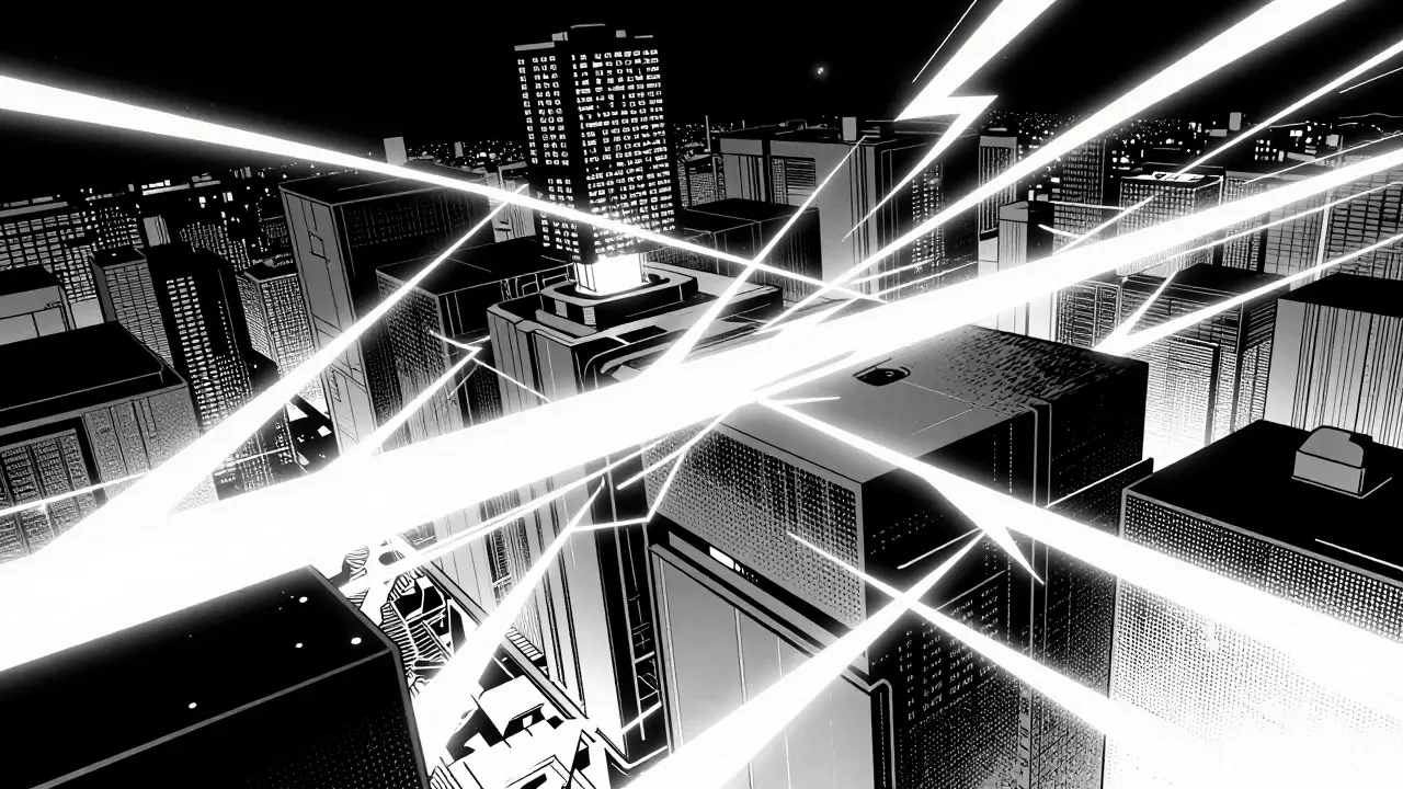 Световые вспышки данных пробивают темные модульные блоки, ч/б графика.