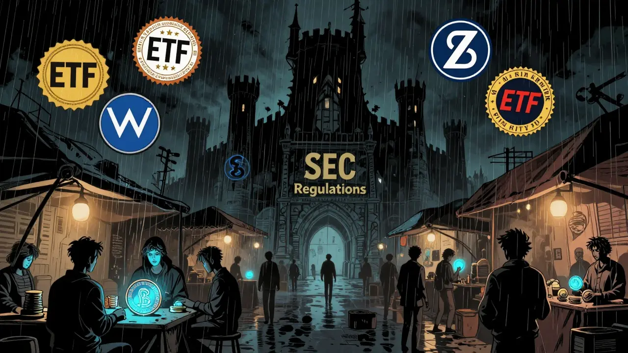 Тени регуляторов над тихим рынком приватных монет, светящиеся ETF-символы над головой.