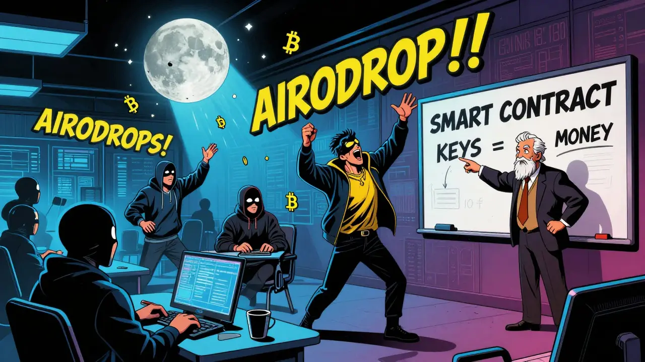 Торговая биржа в стиле комикса: люди кричат 'двакасун', Bitcoin летит к Луне, мудрый трейдер указывает на смарт-контракт.