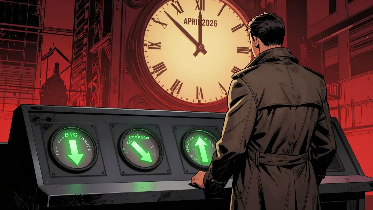 Трейдер наблюдает за тремя индикаторами: доминация BTC, стейблкоины и альткоины, часы тикают к апрелю 2026.