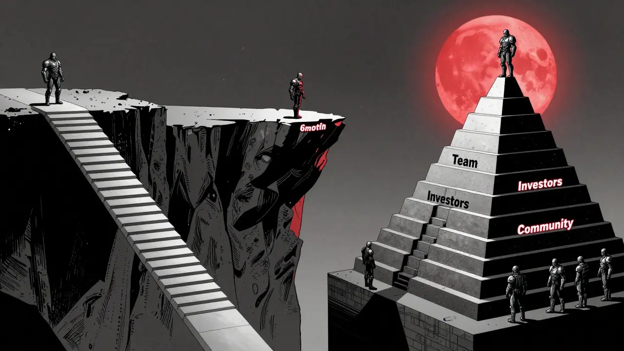 Три модели вестинга в виде зданий: линейный, клифф и ступенчатый, охраняемые фигурами команды, инвесторов и сообщества.