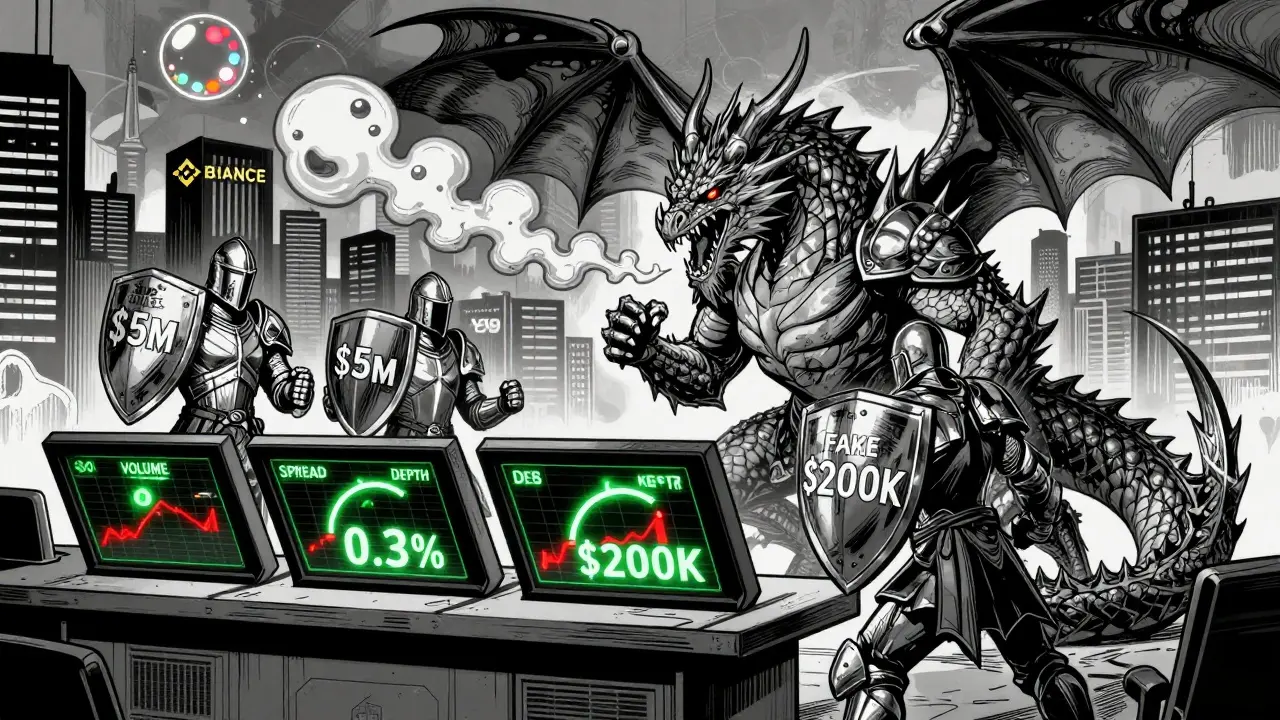 Три рыцаря-показателя ликвидности сражаются с драконом 'Фальшивый объём' на фоне биржевого города.