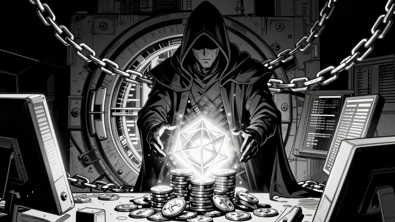 Загадочный страж защищает стопку монет от теней в стиле нуарного комикса.