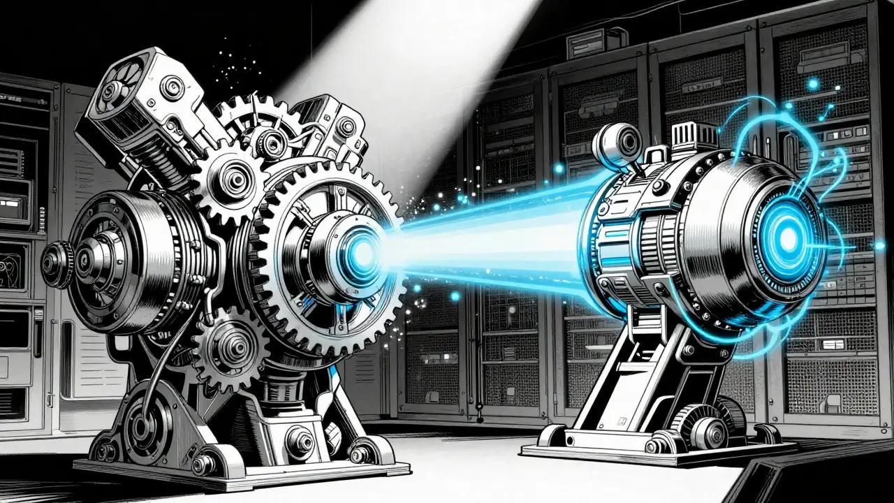 Два механических двигателя: старый и новый в черно-белом стиле