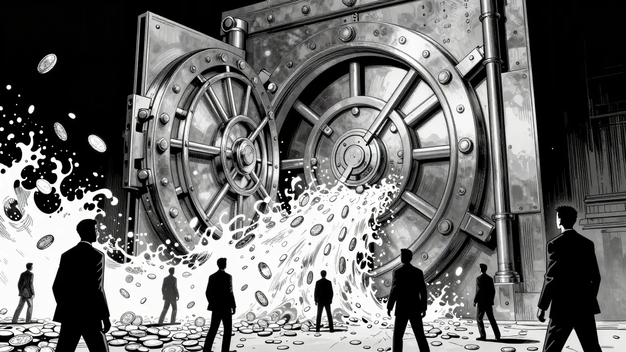 Поток монет вырывается из огромного сейфа, символизируя разблокировку токенов