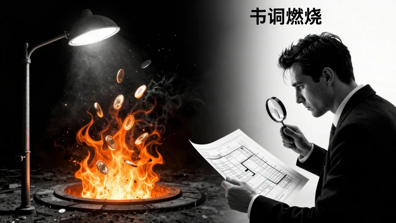 Процесс сжигания токенов в виде огненного вихря в темном пространстве